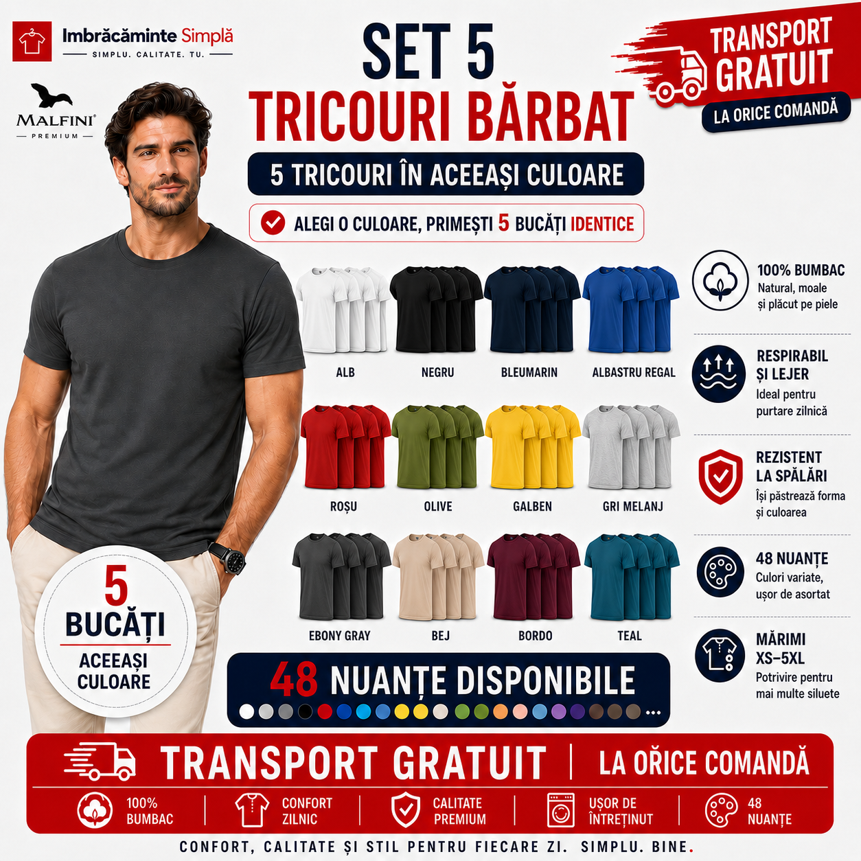 Set 5 tricouri bărbat Malfini Basic Clasic 100% bumbac, 48 culori disponibile, transport gratuit